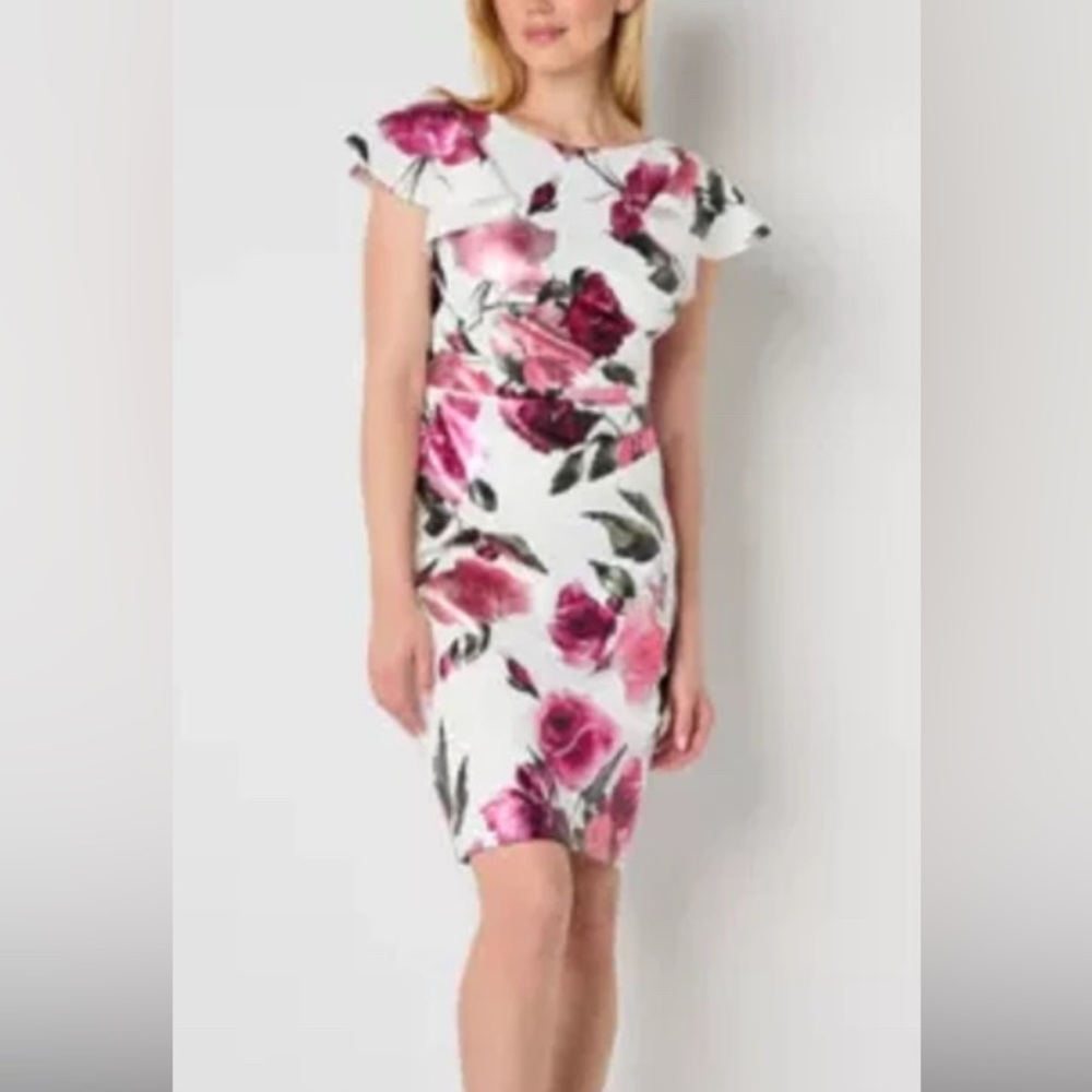 JH Evenings Pink Shimmer Floral Ruffle Sleeve Dress, sz 16